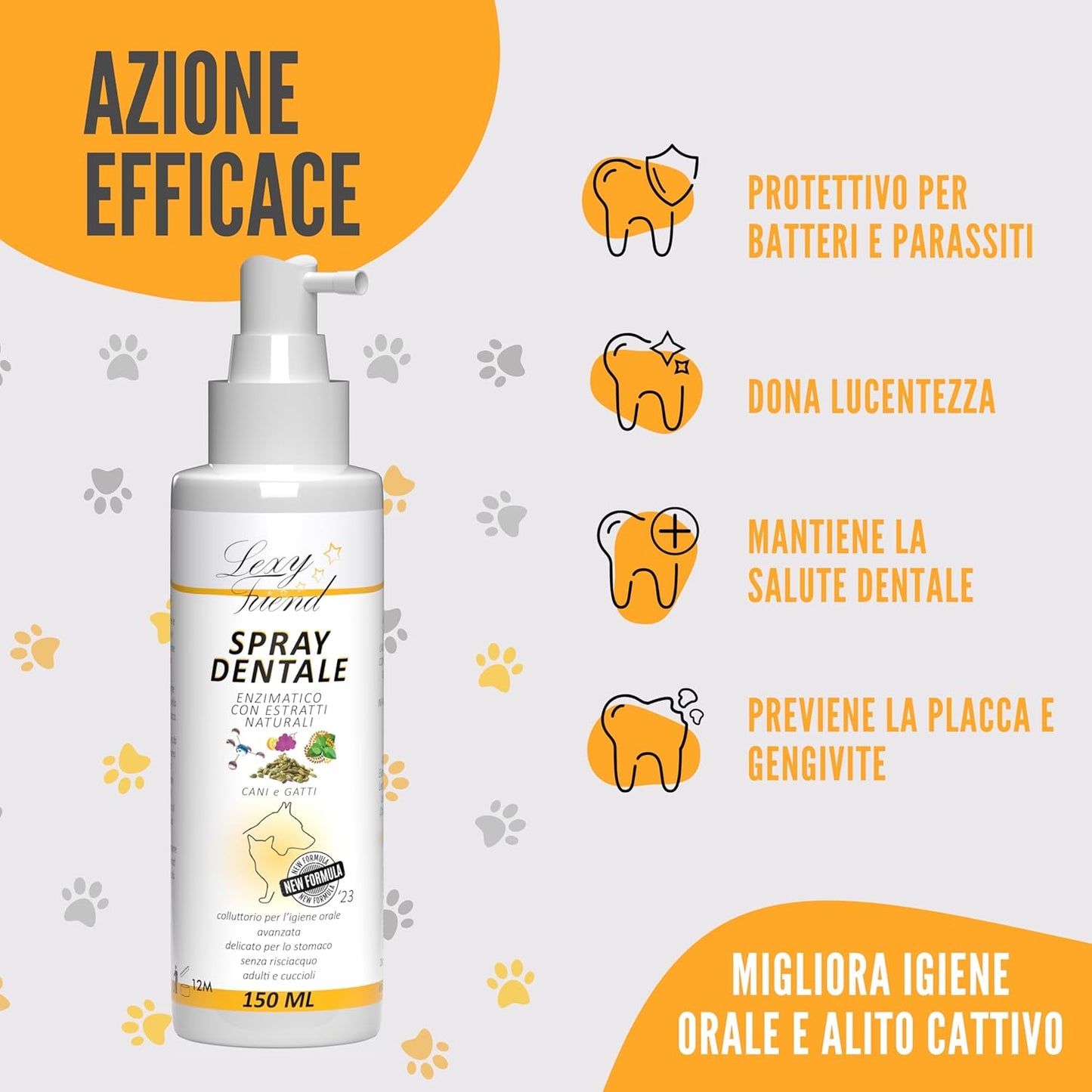 LEXYFRIEND Spray Dentale Enzimatico per Cani e Gatti – Igiene Orale Quotidiana e Alito Fresco – 150 ml