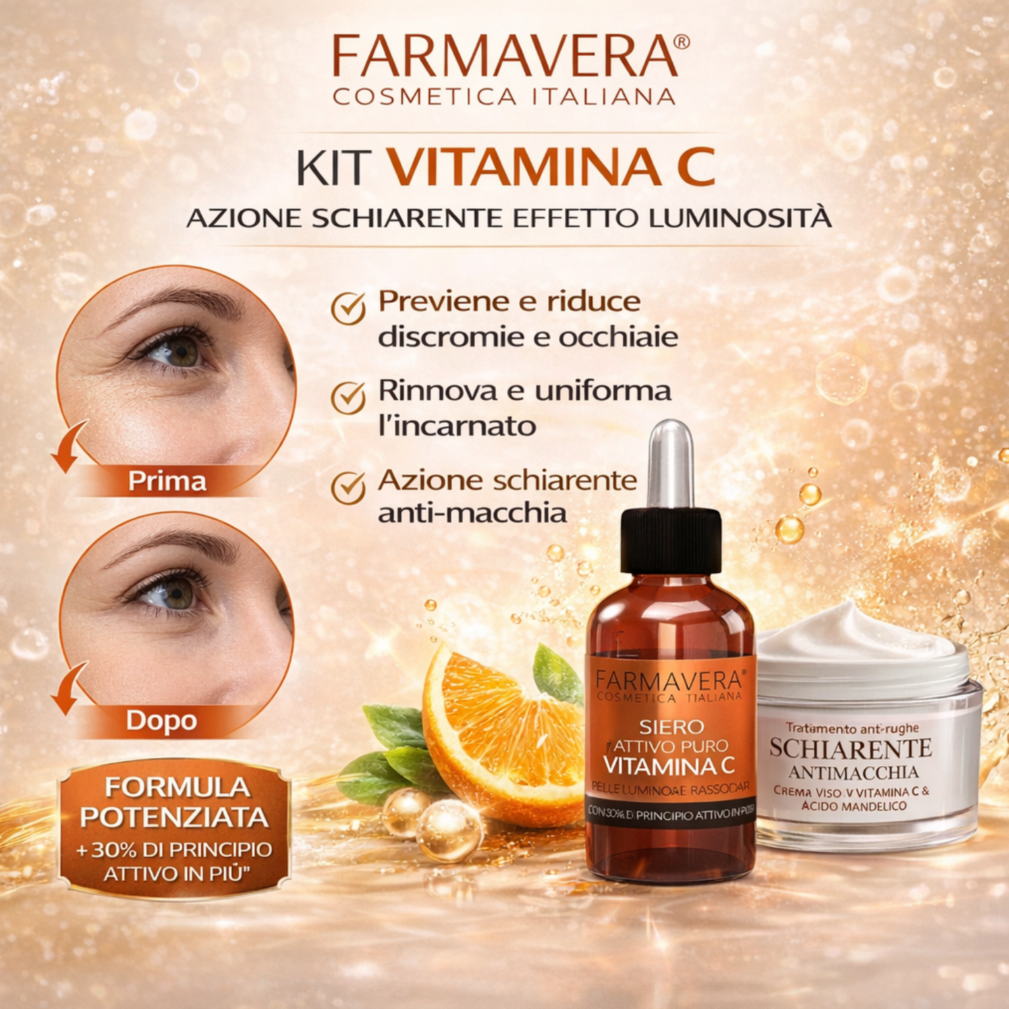 FARMAVERA Kit Schiarente Viso Illuminante e Antimacchia con Vitamina C – Crema + Siero