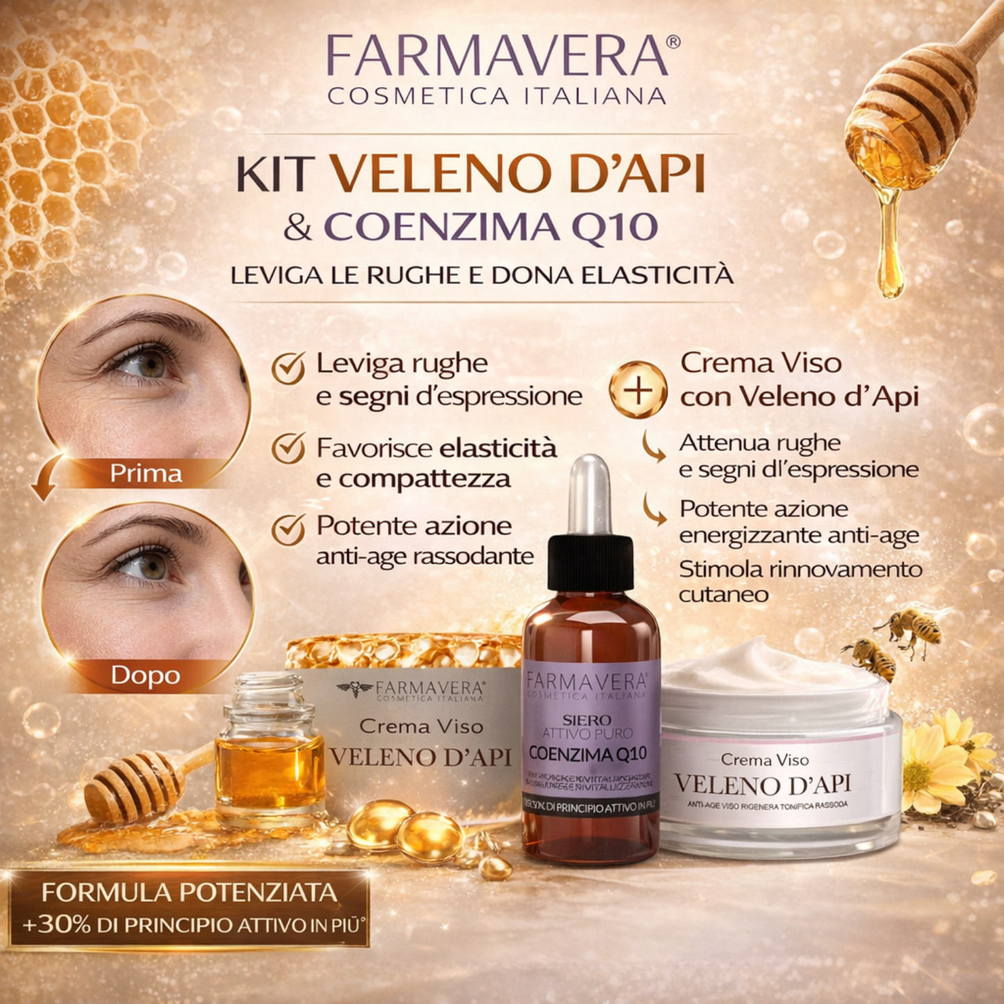 FARMAVERA Kit Veleno d’Api Crema Viso + Siero Coenzima Q10 – Routine Anti-Age