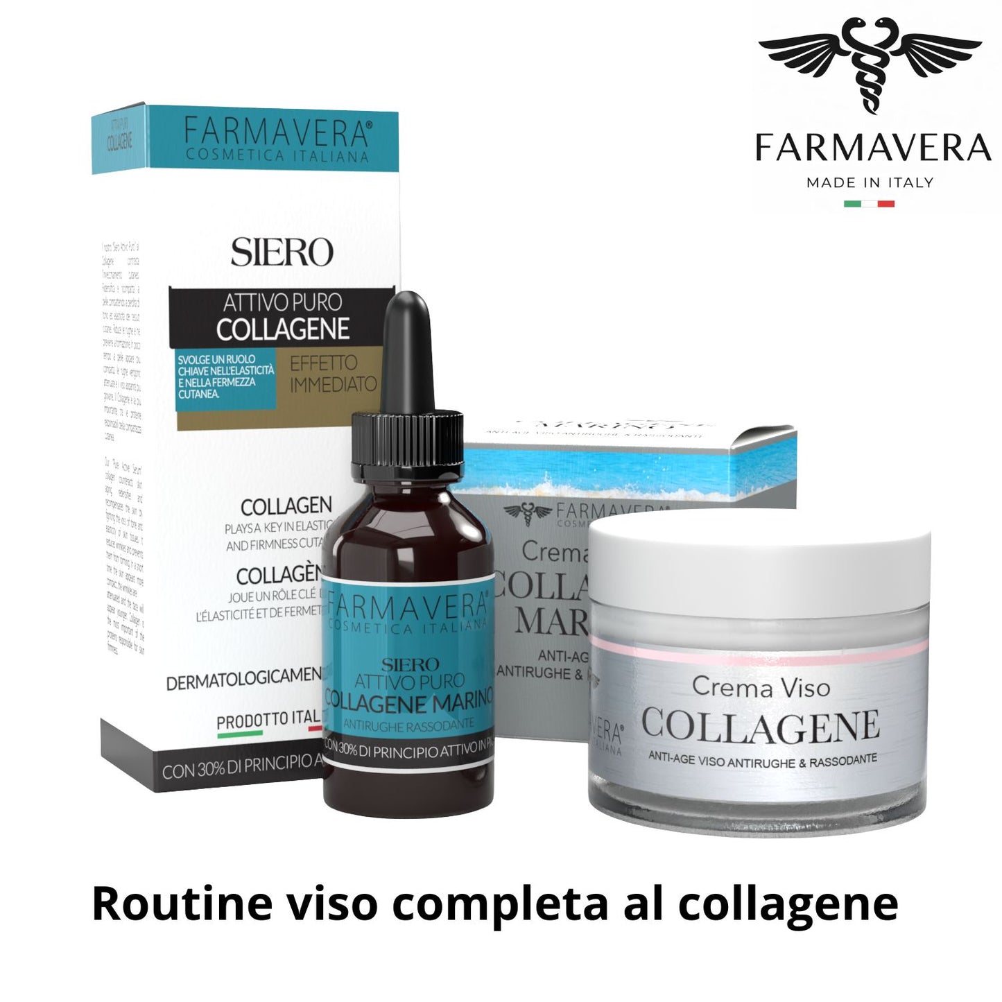 FARMAVERA Kit Collagene Marino Crema Viso + Siero – Routine Anti-Age Rassodante e Illuminante